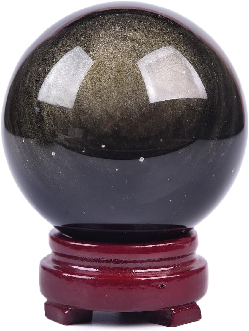 JIC Gem Golden Obsidian Crystal Sphere Large Healing Crystal Ball with Stand Ornament Meditation Witchcraft Decor 2.3-2.7 inch(60-70mm)