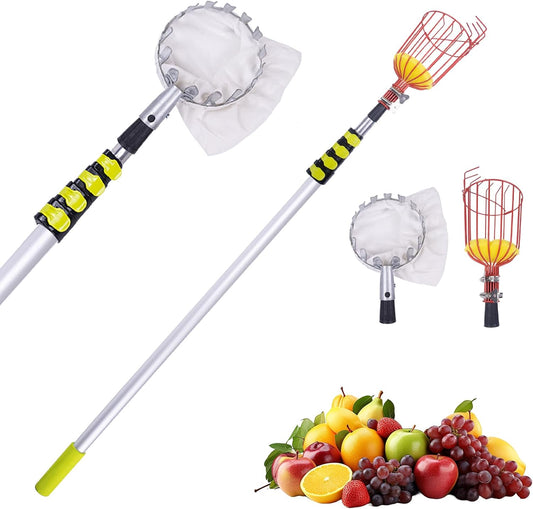 20FT Telescopic Fruit Picker With Wire Basket and Woven Basket,Adjustable Fruit Picker Pole With