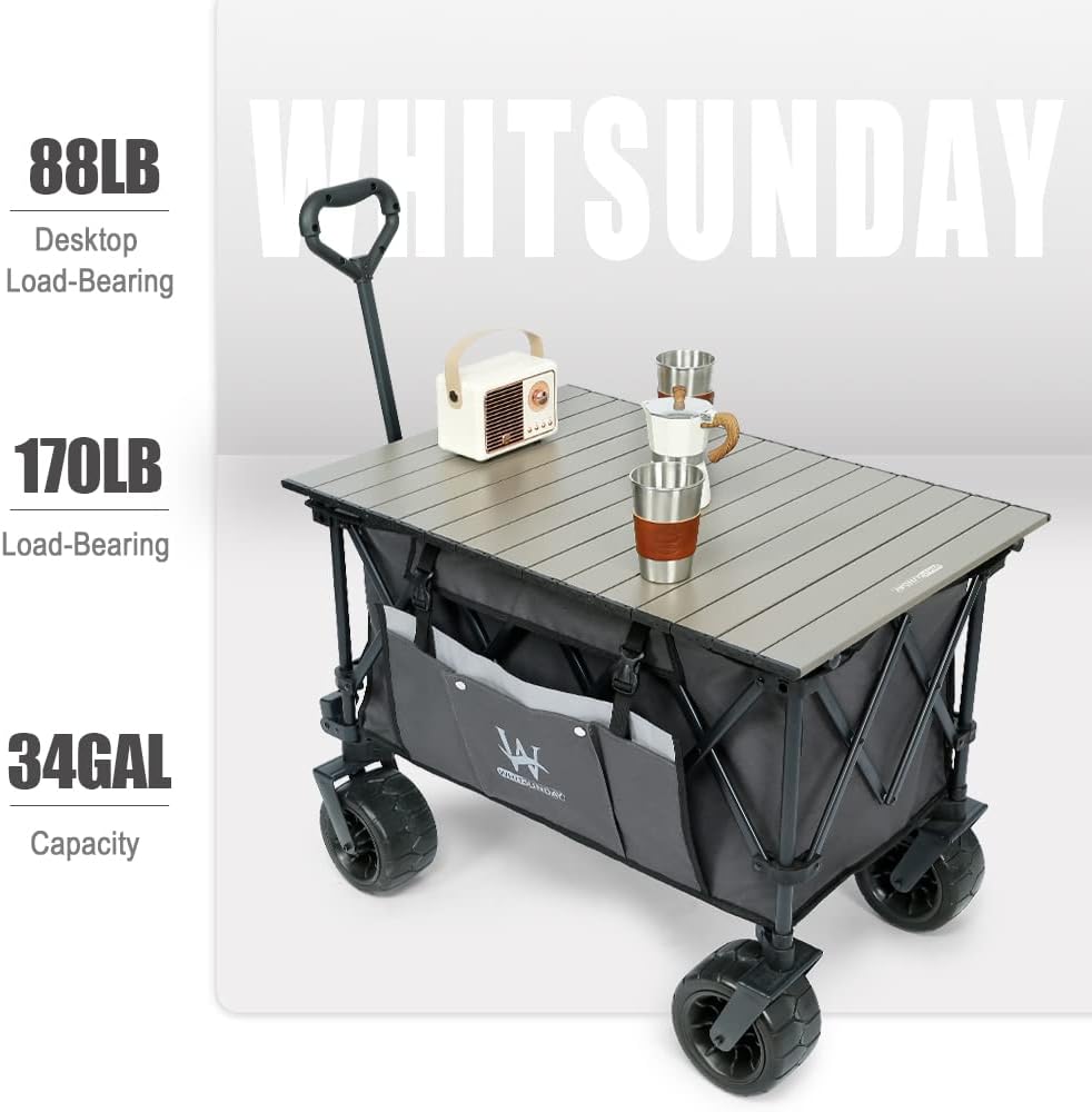 Whitsunday Collasible Wagon, Large Capacity 400Lbs, All-Terrain Wheels Heavy Duty Utility Wagon for Gardening Shopping Fishing Camping Outdoor Picnic Grey
