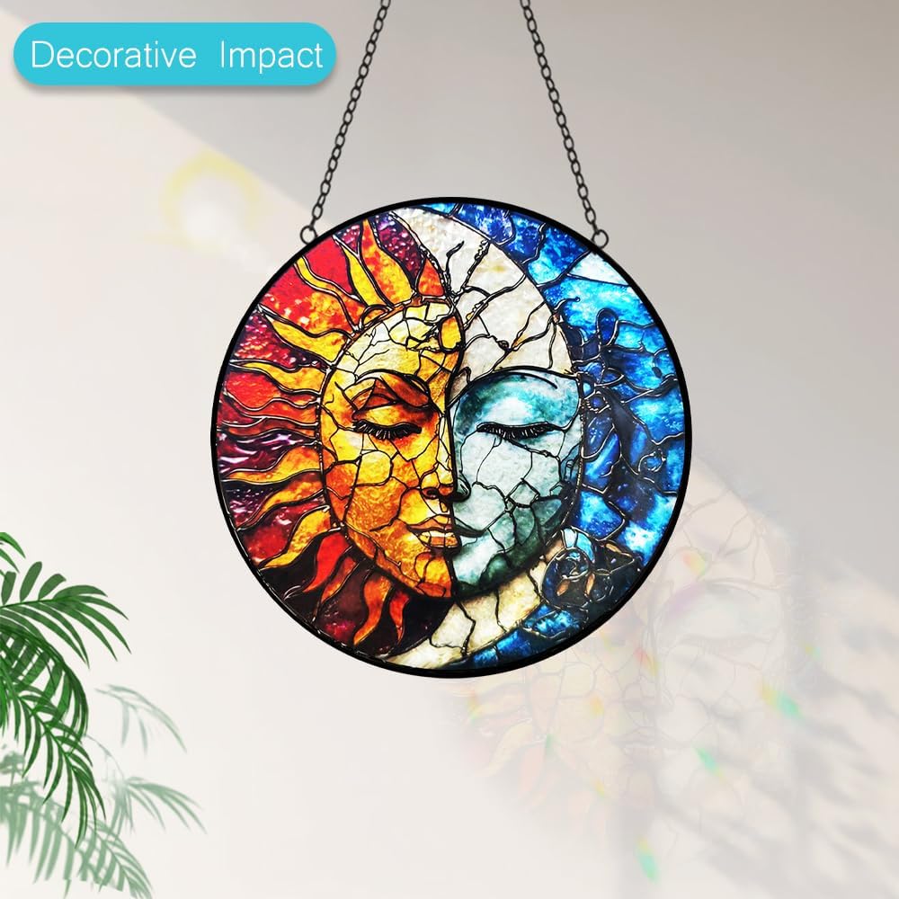 Sun and Moon Suncatcher Stained Glass Window Hanging - 8” Handmade Colorful Suncatchers for Windows Hanging Sun Catchers Indoor Wall Art Catcher - Celestial Decor Panel Birthday Gift for Women Men