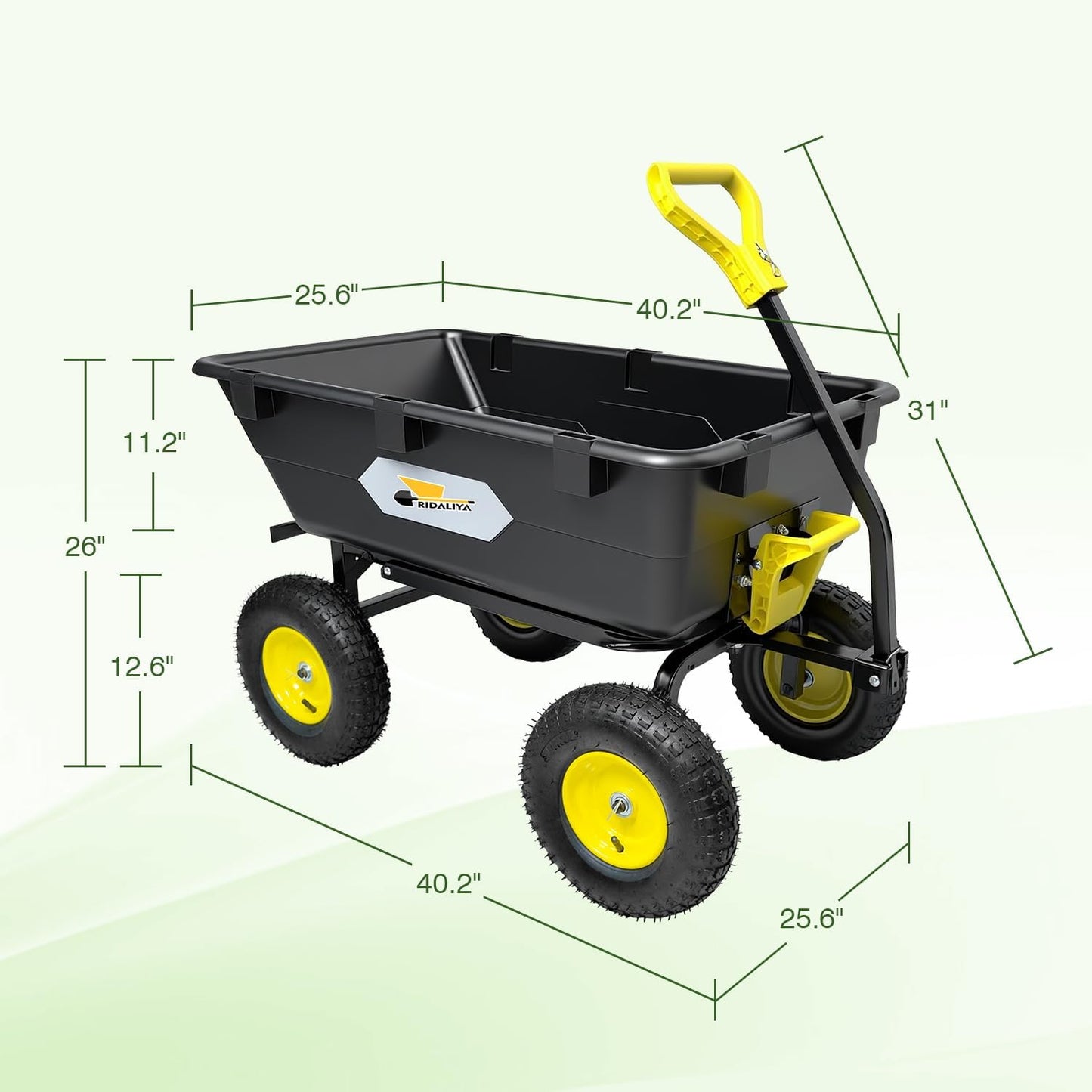 Garden Dump Cart, Heavy-Duty Utility Wagon with 1200 lbs Capacity, 6 Cu Ft Bed, 12.6" Pneumatic Tires, 180° Pivot Steering for Yard, Lawn, and Beach Use