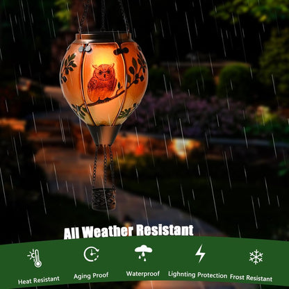 Hot Air Balloon Solar Lantern - Owl Stained Glass Lantern, Simulated Flickering & Dancing Flame, Outdoor Hanging Yard Light Waterproof IP65 for Patio Lawn Porch Decor Gift
