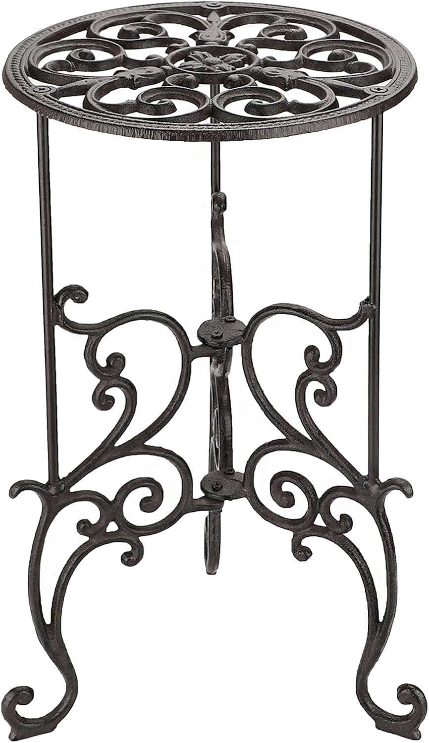 OwnMy Heavy Duty Cast Iron Plant Stand Indoor Outdoor Vintage Wrought Iron Round Flower Pot Holder Stand, 19.3" Tall Decorative Large Potted Plant Stand for Home Garden Patio, Retro-Brown