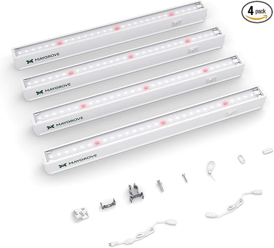Plant Grow Lights 1FT, Red-Enhanced Full Spectrum 5000K, 28W(4 x 7W), T5 LED Grow Light Strips for Leafy Greens and Vegetables, High PPFD, Linkable, White, 4-Pack