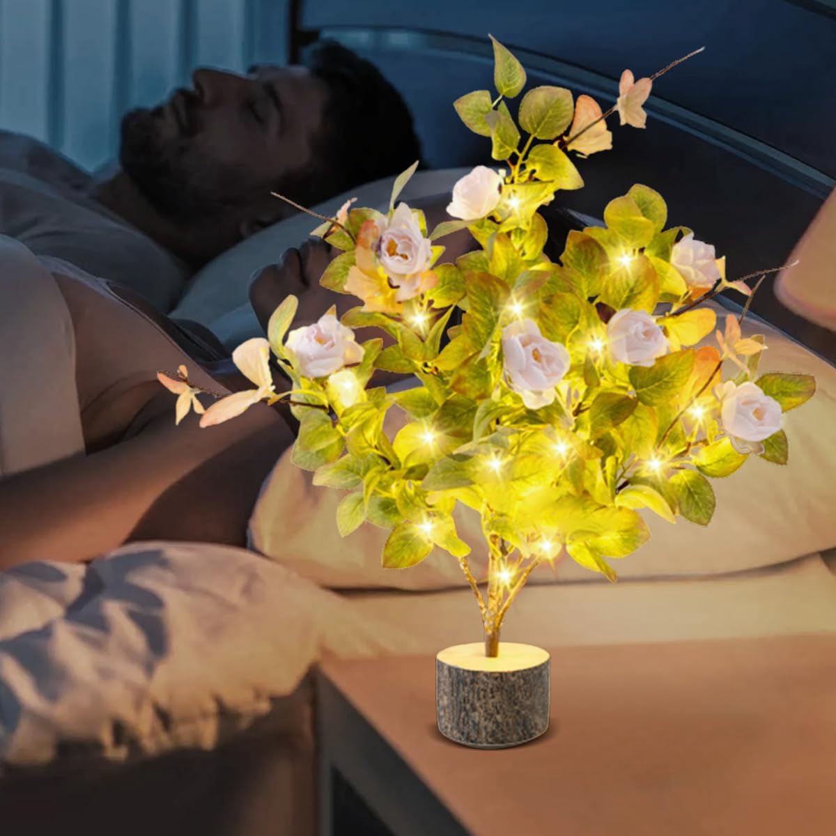 19 Inch Artificial Rose Tree Lights, Faux Silk Flower Tree with Butterfly Ivy, Prelit Tabletop Tree with Timer for Living Room Home Indoor Outdoor Decor (Pink Green)