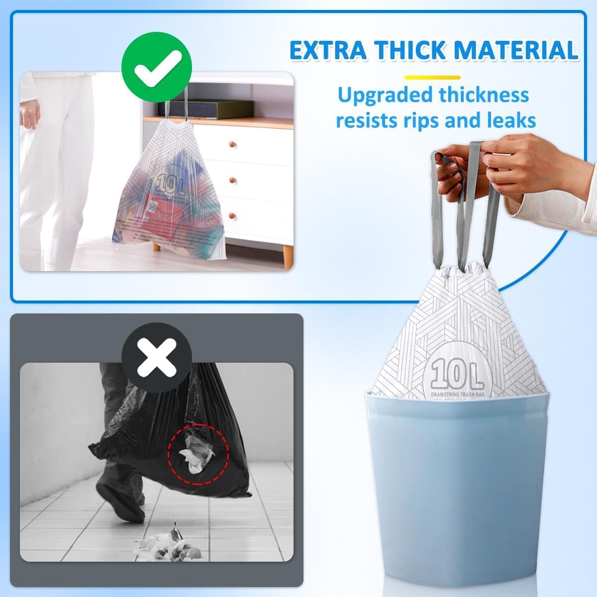 OKKEAI 3 Gallon Drawstring Trash Bags, White Small Bathroom Garbage Bags – 90 Count Tear-Free, Heavy Duty Printed Liners, Leak-Proof White Trash Bag for Kitchen, Office, Multipurpose Use