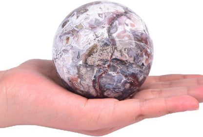 JIC Gem Large Blue Cherry Blossom Agate Crystal Ball with Stand Crystal Sphere Natural Sakura Flower Agate Stone Reiki Healing Meditation Witchcraft Home Decor 2.7-3.1 inch(70-80mm)