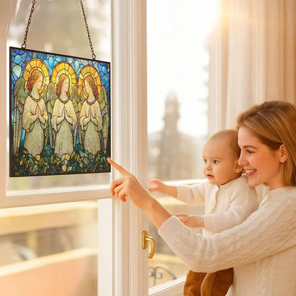 Rectangle Art Nouveau Angel Choir Suncatcher Stained Glass Window Hanging Handmade Stained Glass Suncatchers Metal Chain Outdoor Garden Decor Gift for Women Christmas Thanksgiving