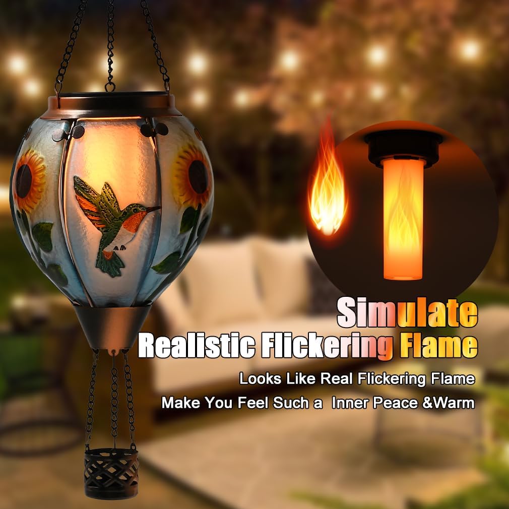 Hot Air Balloon Solar Lantern - Large Hummingbird Glass Lantern, Simulated Flickering & Dancing Flame, Outdoor Hanging Sunflower Yard Light Waterproof IP65 for Patio Lawn Porch Decor Gift