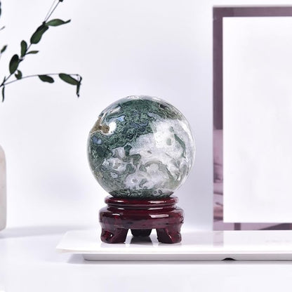 Large Moss Agate Crystal Sphere Natural Healing Crystal Ball with Stand Meditation Decorative Balls Home Decor 80-90mm/3.1-3.5"