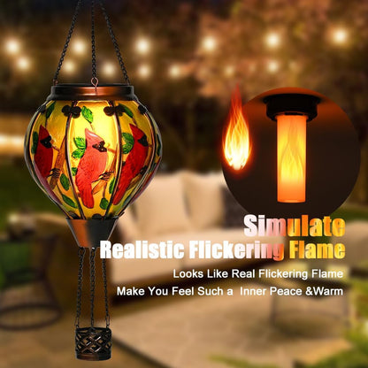 Hot Air Balloon Solar Lantern - Cardinal Bird Glass Lantern, Simulated Flickering & Dancing Flame, Outdoor Hanging Yard Light Waterproof IP65 for Patio Lawn Porch Decor Gift