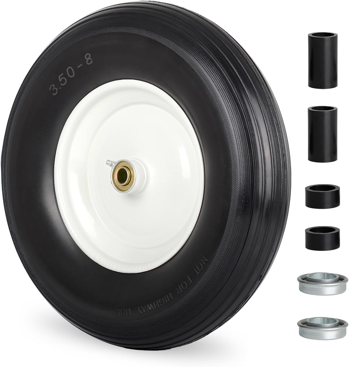 14.5" Wheelbarrow Flat Free Tire, Fits 4.80/4.00-8, 3.50/2.50-8, 4.00-6, 4.00-8, Wheelbarrow Wheels, 5/8" Bearing with Extra 3/4" Bearing, 3" -6" Centered Hub
