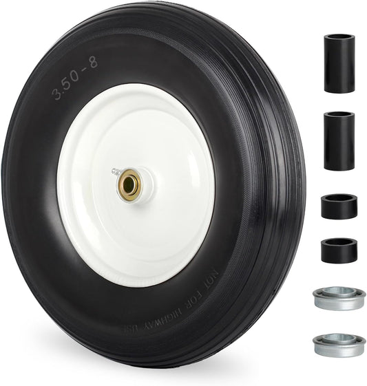 14.5" Wheelbarrow Flat Free Tire, Fits 4.80/4.00-8, 3.50/2.50-8, 4.00-6, 4.00-8, Wheelbarrow Wheels, 5/8" Bearing with Extra 3/4" Bearing, 3" -6" Centered Hub