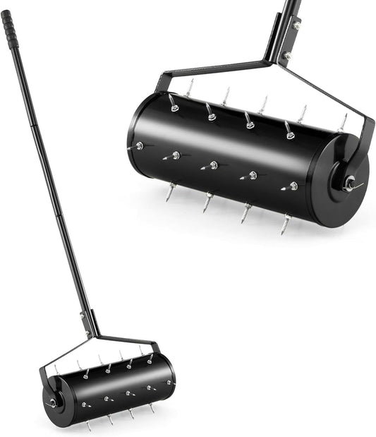 S AFSTAR 18" Manual Lawn Aerator, Heavy Duty Rolling Aerator Lawn Tool Filled Sand Stone with 51" Detachable Handle & Tine Spikes for Soil Loosening, Push Grass Aeration for Garden Yard, Black