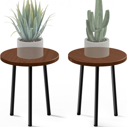Plant Stand Indoor 2 Pack: Corner Wood 14 Inch Plant Stand Mid Century Modern Decor - Small Round Plant Table for Indoor Plants - Outdoor Plant Holder for Patio Living Room Bathroom Office (Walnut)
