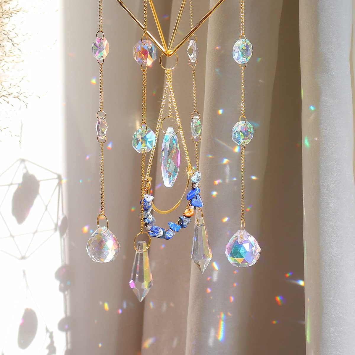 Lapis Lazuli Crystal Suncatcher-Window Hanging Garden Suncatcher Healing Blue Crystal Rainbow Maker Handmade Indoor Outdoor Car Charm Garden Decor