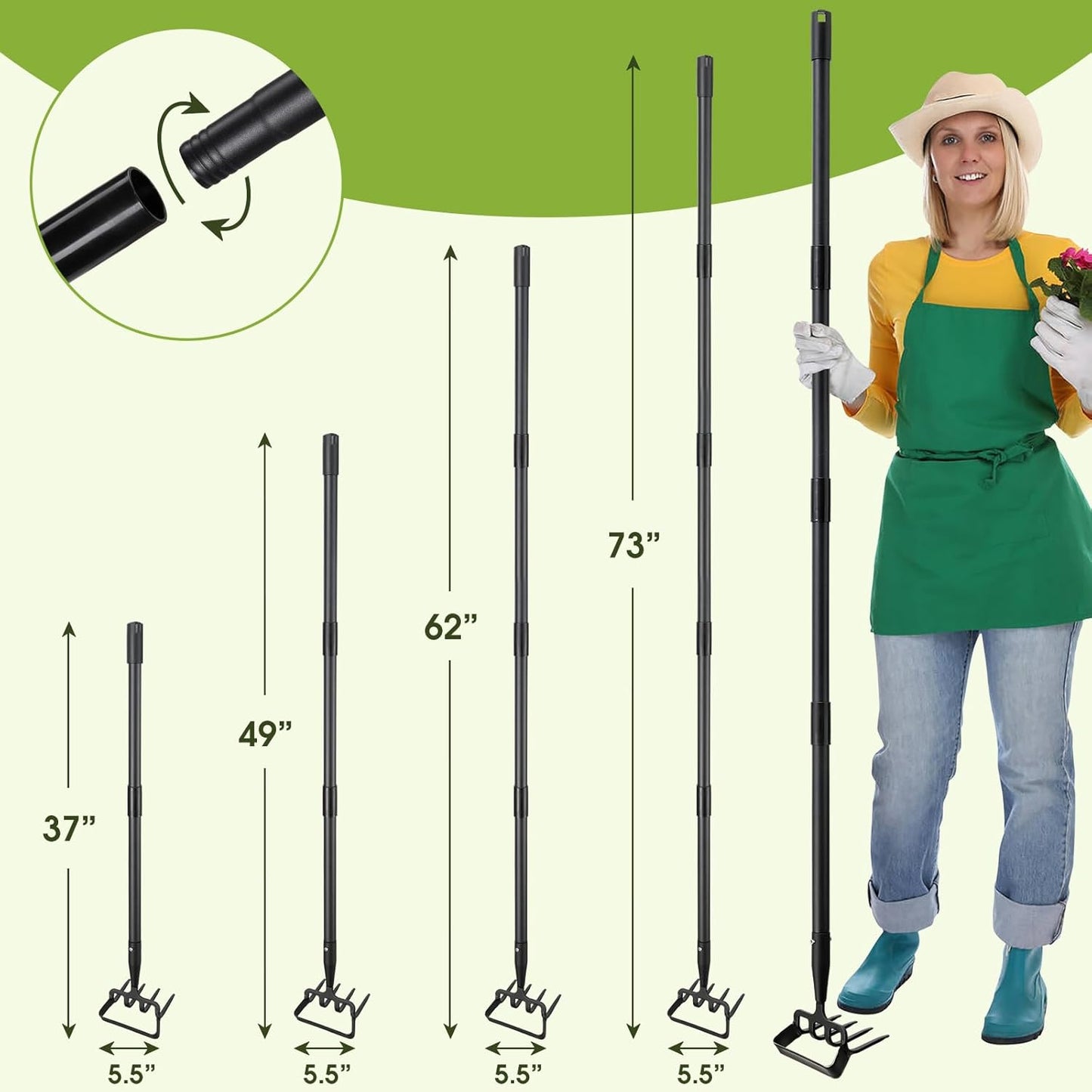 Weed Puller Gardening Tools, Hula Garden Hoe and 4 Tines Rake 2-in-1 Garden Tools for Weeding, Action Stirrup Hoe with Adjustable Long Handle for Lawn,Vegetable Garden Loose Soil,Weeding and Planting