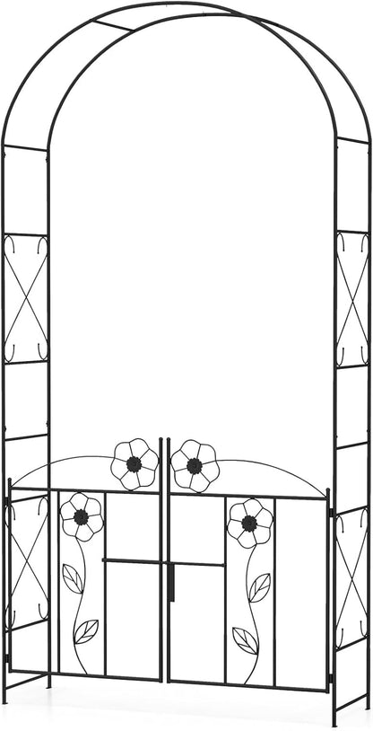 Giantex Garden Arbor with Gate, 7.5FT Metal Arch Trellis for Climbing Plants Rose Ivy, Archway Pergola with Flower Door, 4 Stakes, Garden Arch for Wedding Ceremony Bridal Party Decoration
