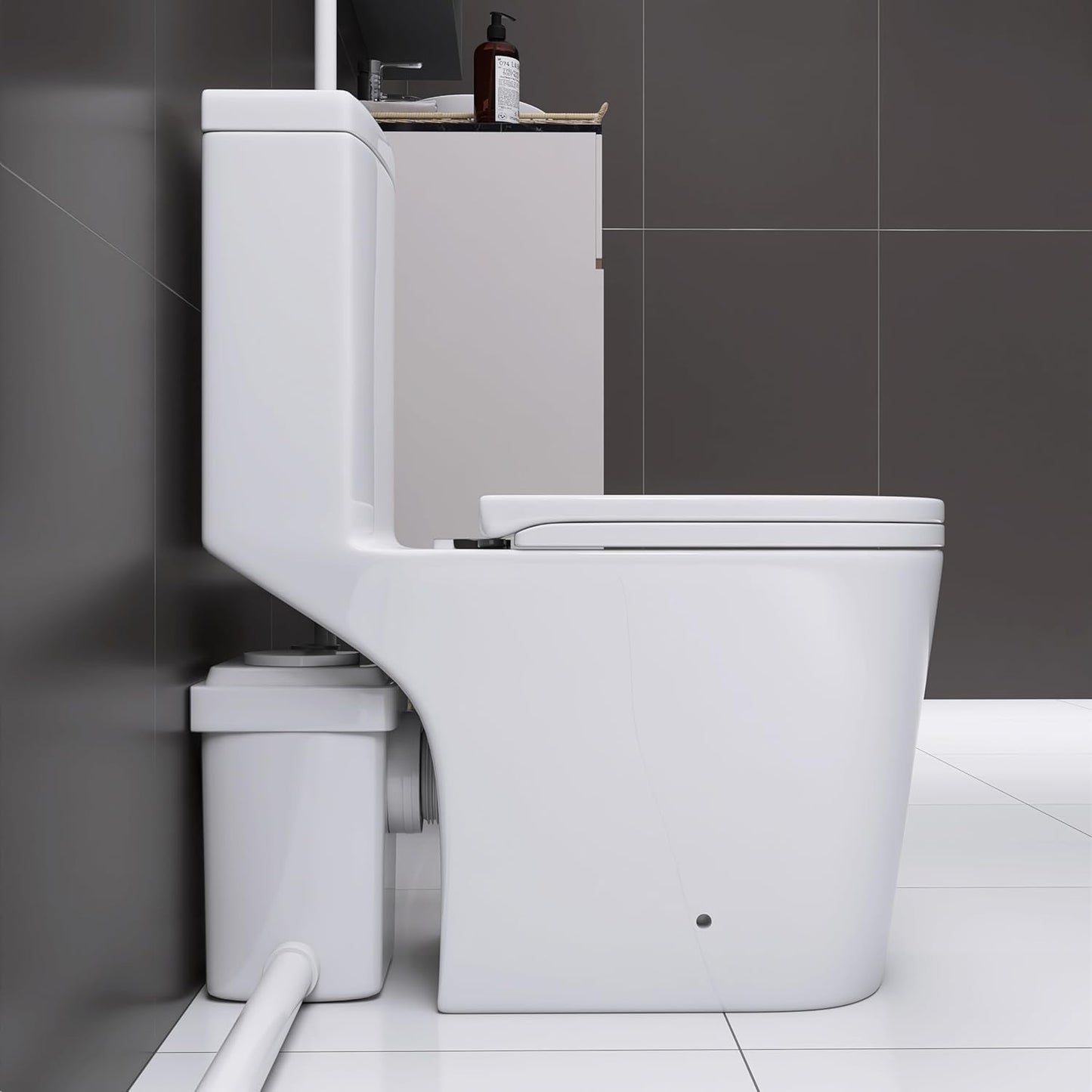WinZo 450W Macerator Pump Toilet For Basement,Elongated 17-inch Tall Comfort Seat,Powerful Macerating Toilet System With 3 Water Inlet & Ac Vent
