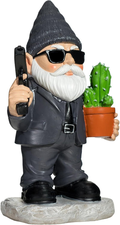 Gnome Decoration for Garden & Home - Professional Hitman Look Statue, Léon Inspired 8.7 Inch Resin Decor, Unique Outdoor Gift for Women/Men
