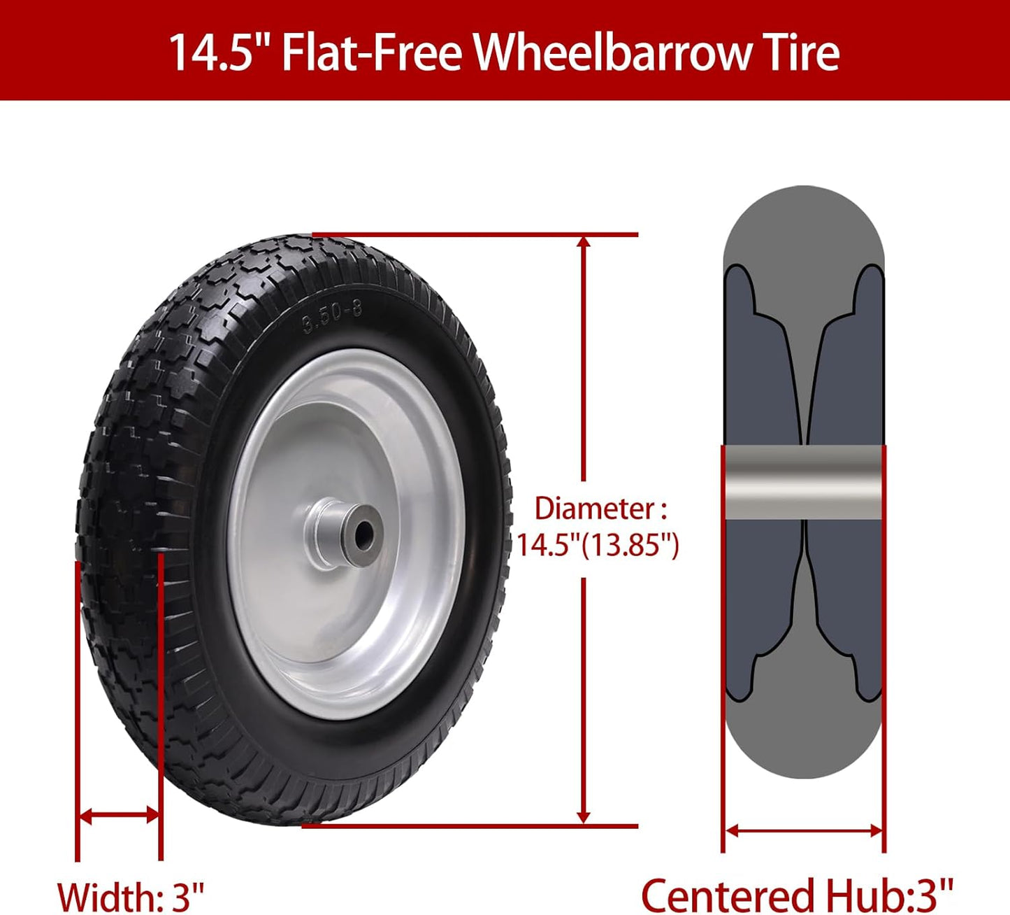 14.5" Wheelbarrow Tire, 3.50-8" Flat-free Solid Tire and Wheel with 3" -7" Centered Hub and 5/8" & 3/4"Bearings for Wheelbarrow Trolley Dolly Lawn Mover Go Kart Replacement (2-Pack)