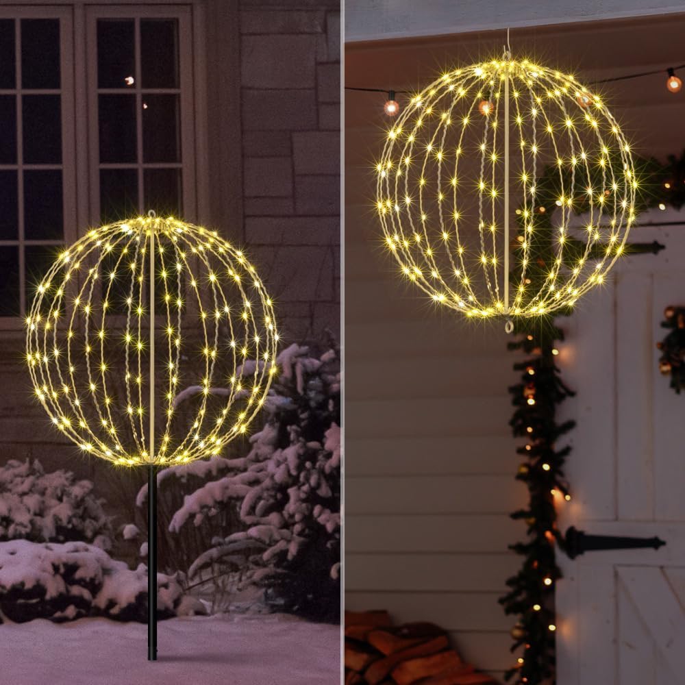 LIGHTSHARE 20IN 200LED Light Ball Yard Decoration Pathway Lights Sphere Light Fold Flat Metal Frame Indoor Outdoor Waterproof Garden Lights, Plug in