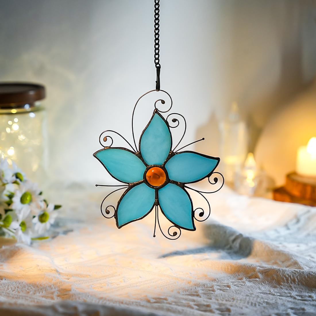 Forget Me Not Flower Decor Stained Glass Window Hanging,Blue Flower Ornaments Suncatcher for Window,Best Gifts for Mother,Women,Valentine's Day,Birthday