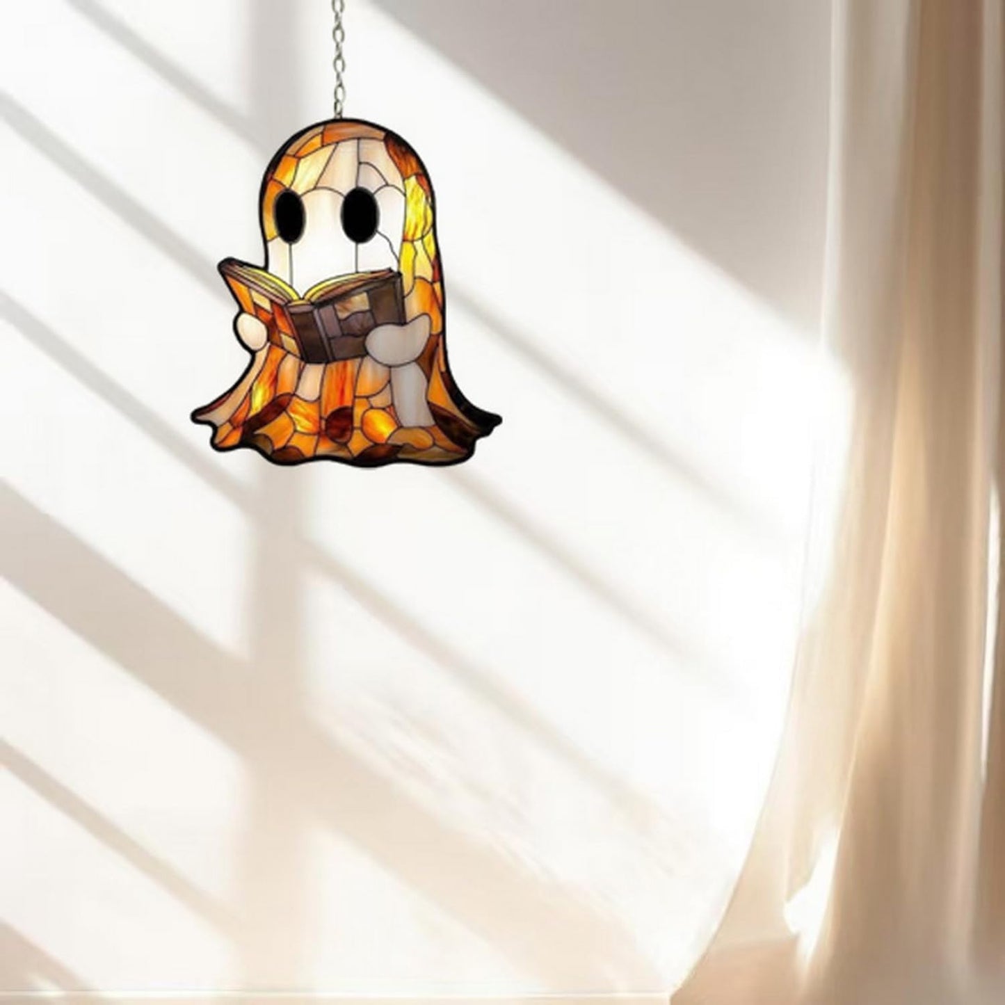 7.8inch Cute Ghost Suncatcher,Acrylic Suncatchers Reading Books Ghost Decor，Indoor Sun Catcher Windw Hanging，Halloween Stained Glass Decor for Room Family Wall Party