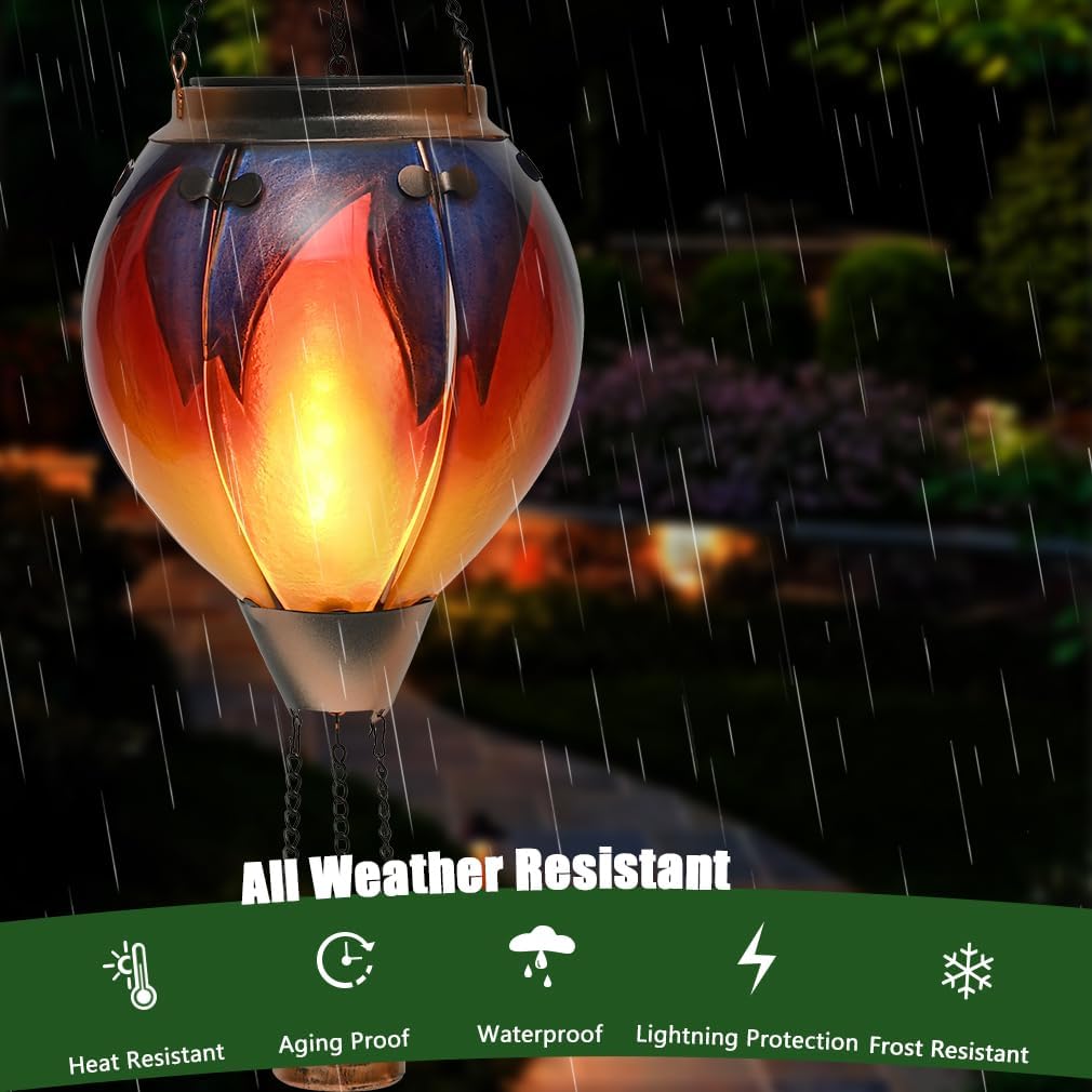 Hot Air Balloon Solar Lantern - Simulated Flickering & Dancing Flame Glass Lantern , Outdoor Hanging Yard Light Waterproof IP65 for Garden Patio Lawn Porch Decor Gift