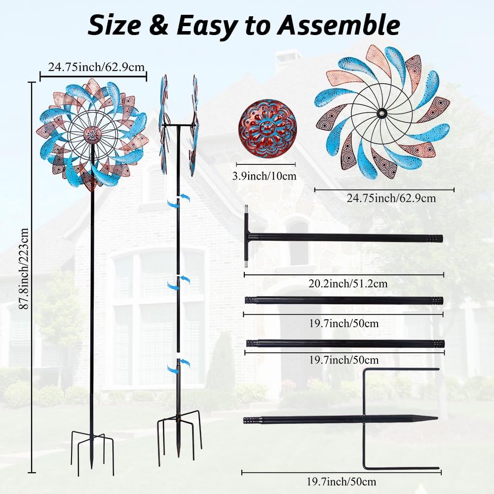Viveta Large Wind Spinner for Yard and Garden，87.8”H *24.75" D Blue and Copper Colors Metal Outdoor Wind Sculptures & Spinners for Patio Lawn Outdoor Yard Lawn Garden