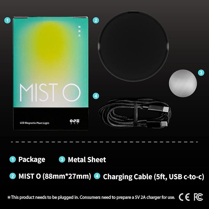 ONF Mist O Shelf Magnetic Light, Colorfull LED for Indoor Plant Growth-Promoting, Adaptable TypeC Port for Room Decor, Brightness Dimmable Terrarium Light for Potted Plant & Succulent, Matt Black