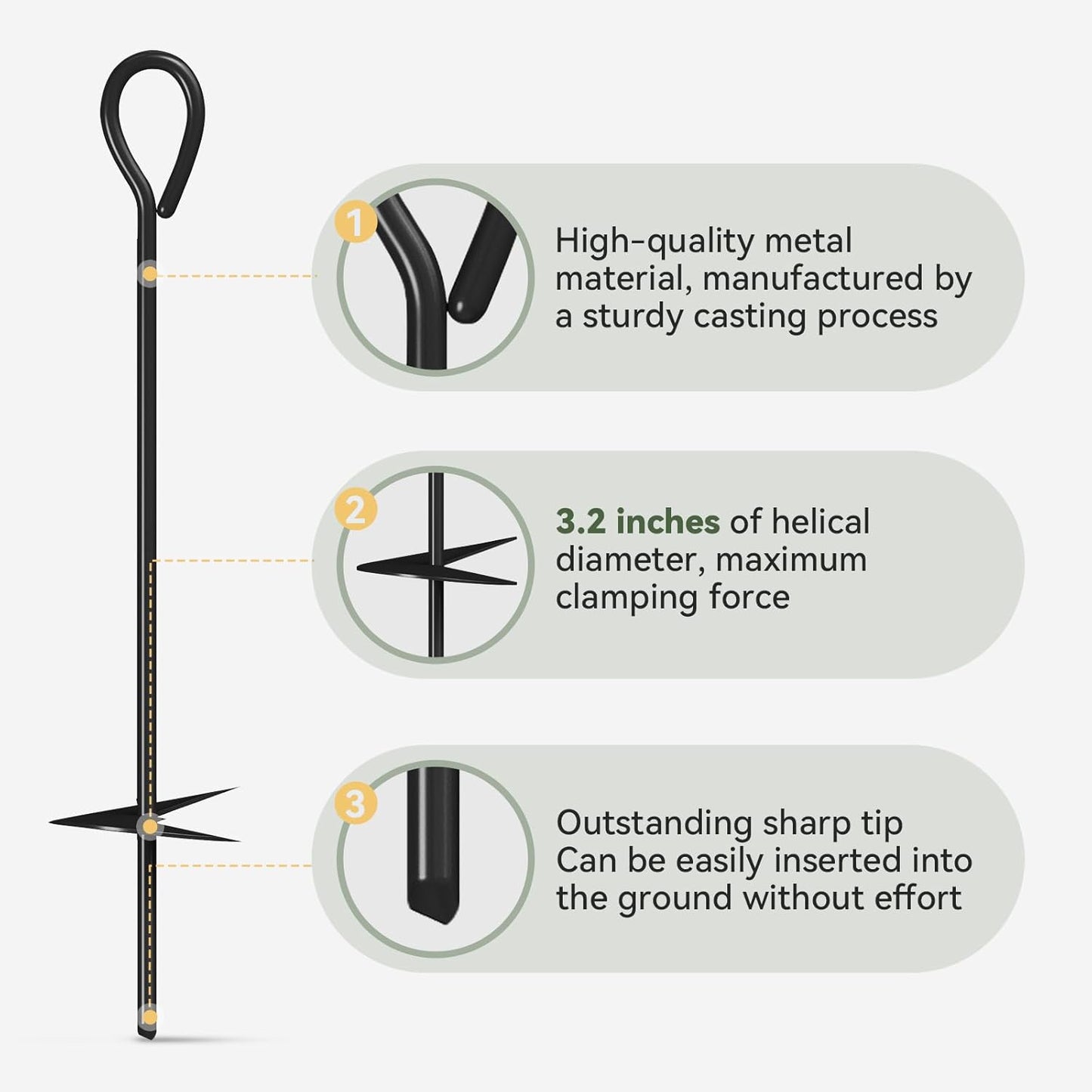 Aoxun 18'' Heavy Duty Ground Anchors Screw in Tent Stakes, with 3" Spiral Blade,Nylon Rope and Spring Clasps for Camping Tent, Canopies, Carports, Sheds, Swing Sets, Canopy Kit, 4 Pack