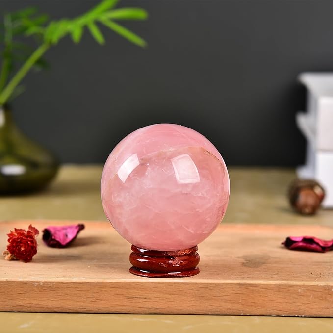 JIC Gem Natural Pink Rose Quartz Ball Sphere with Base,Class 1，10-11cm