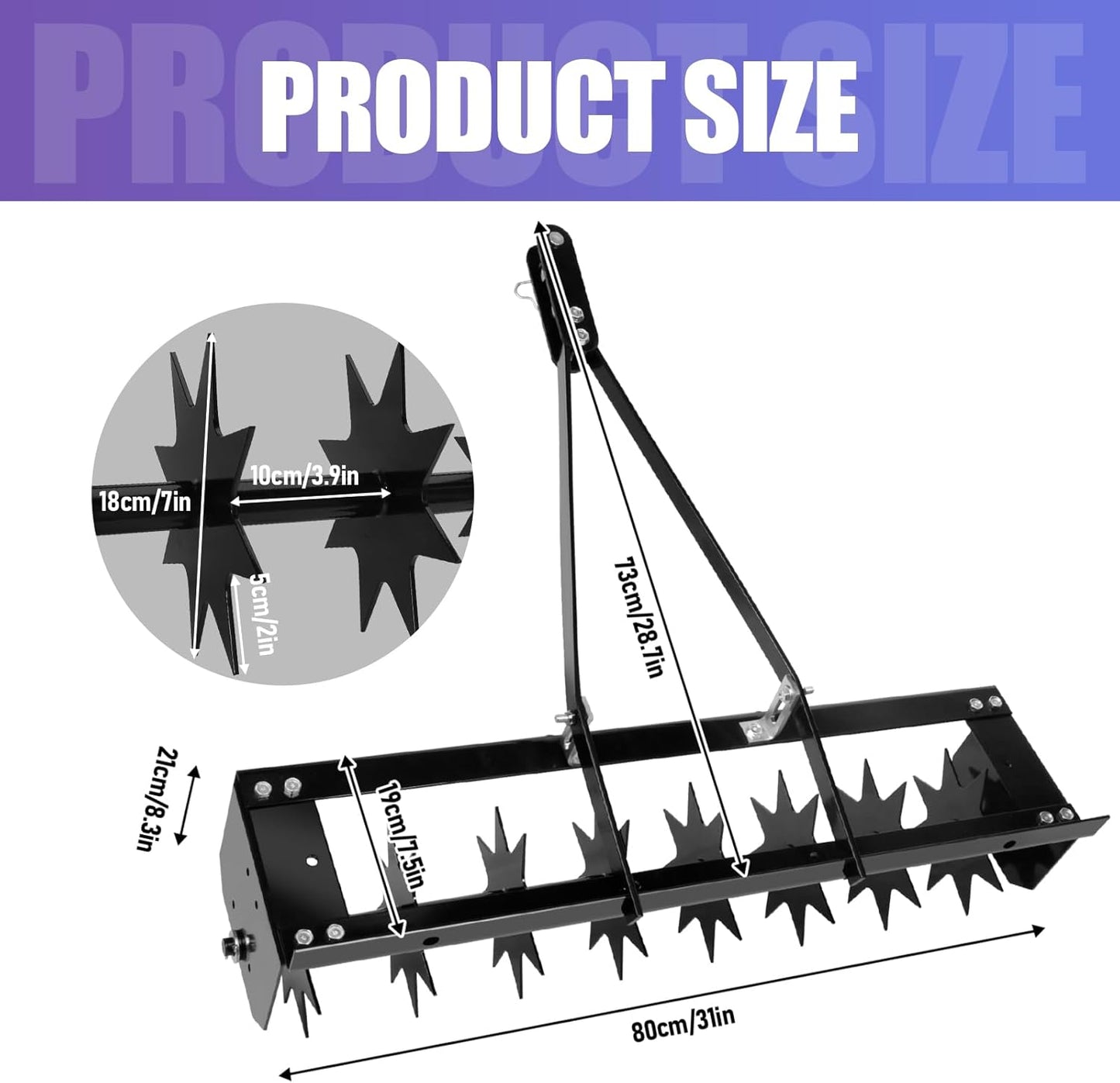 Lawn Aerator Tow Behind, Heavy-Duty Core Aerator Tool for Lawns, 32" Manual Lawn Aerator with Universal Hitch, Plug Aerator for Effective Soil Aeration, Rolling Aerator in Black