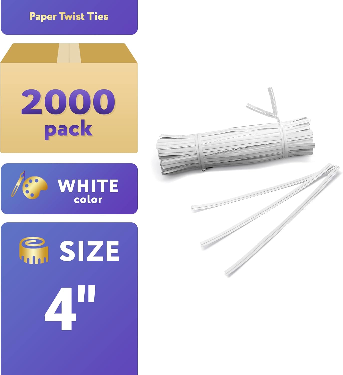 APQ White Metallic Twist Ties for Bags, 4 inches. 2000 Pack Plastic-Coated Bread Twist Ties for Treat Bags. Reusable Bread Ties. Light Metallic Twist Tie. Heavy-Duty Twisty Ties for Bags