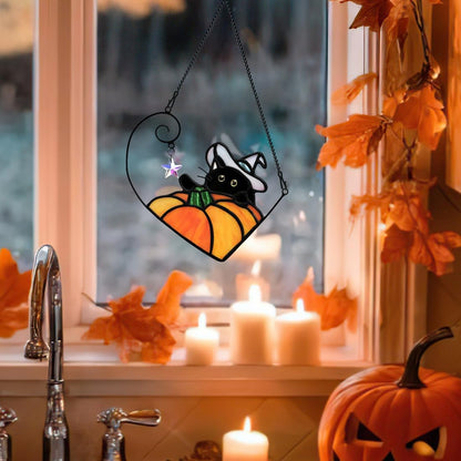 BOXCASA Black Cat Decor Stained Glass Window Hangings Pumpkin Ornament,Halloween Decor Witch Hat Cat Suncatcher for Window,Colorful Crystal Star Halloween Cats Themed Gift for Cats Lover