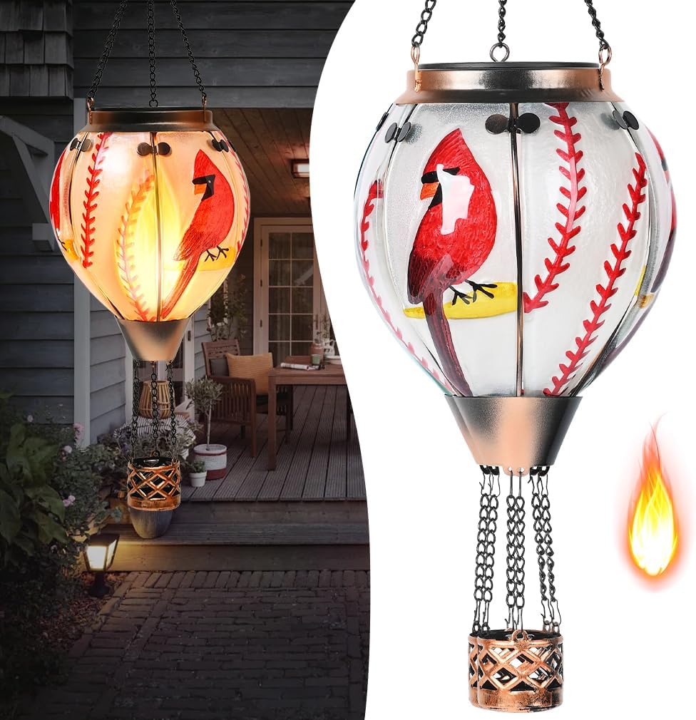 Hot Air Balloon Solar Lantern - Cardinal Bird Glass Lantern, Simulated Flickering & Dancing Flame, Outdoor Hanging Yard Light Waterproof IP65 for Patio Lawn Porch Decor Gift