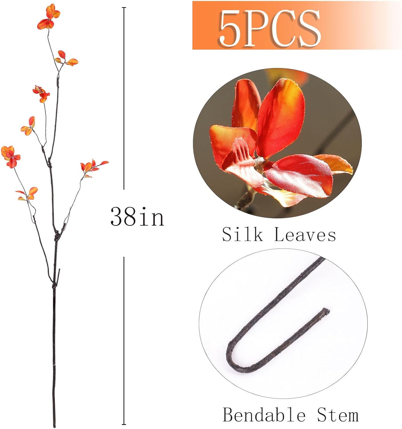 mizii Fall Decor 5pcs Artificial Greenery Stems 38in Realistic Faux Ficus Branches Long Stem with Leaves Fake Plants Branches Fall Decoration for Vase Table Centerpieces Home Indoor Decor (Fall)