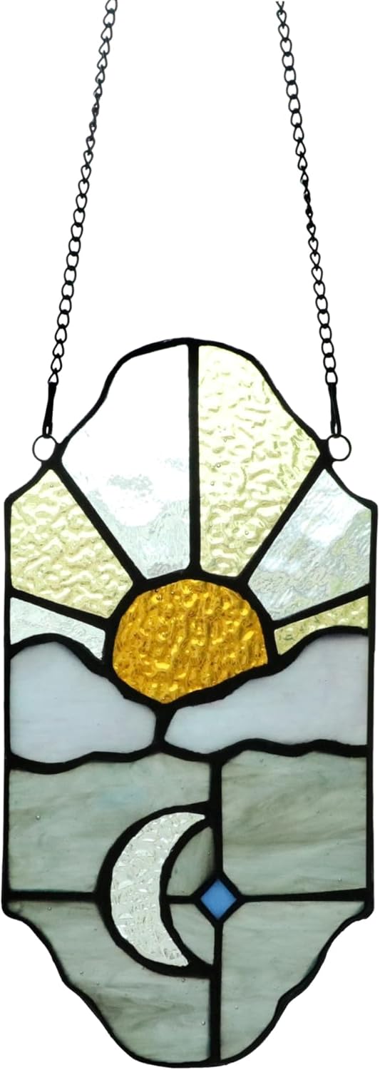 Sun and Moon Suncatchers Decor Stained Glass for Window Hangings,Handcrafted Tiffany Style Stained Glass Art Sun and Moon in The Sky for Living Room Bedroom Balcony (Silver&Yellow)