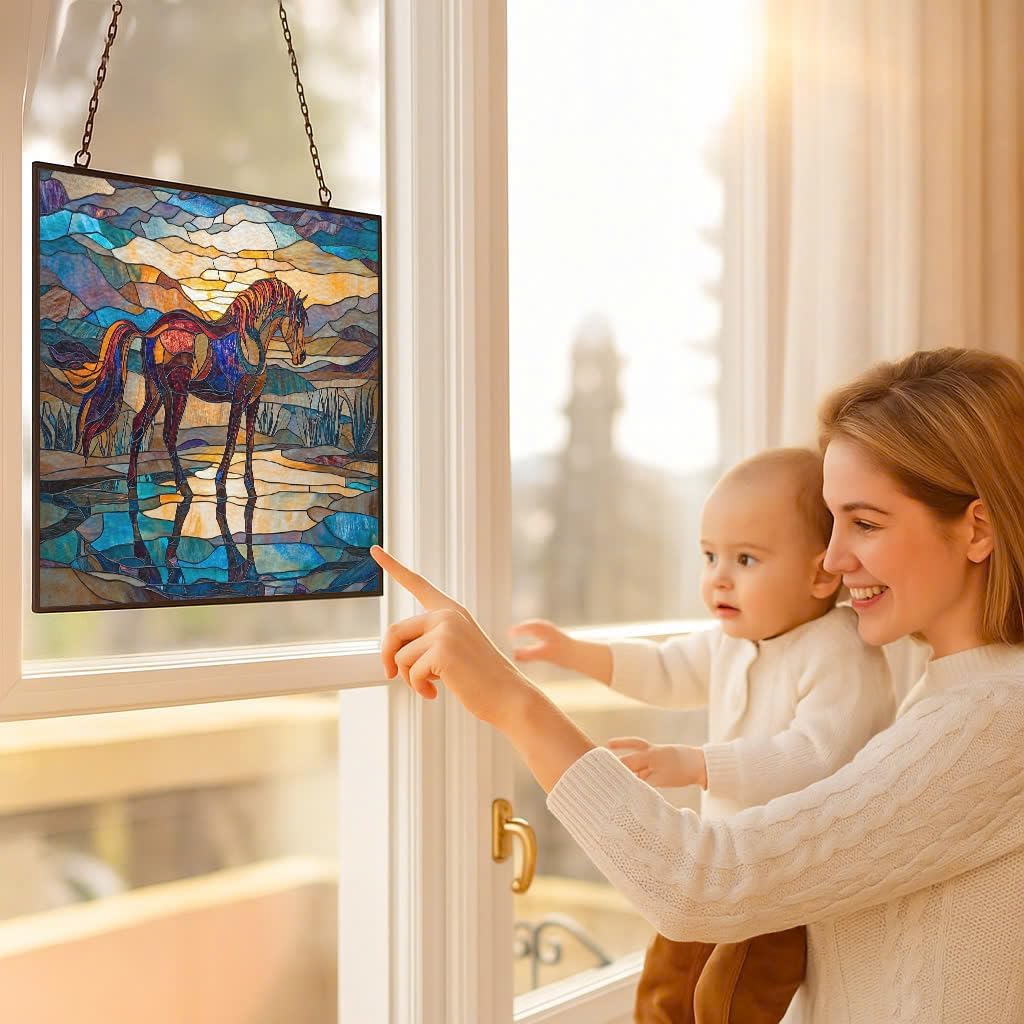 Rectangle Art Nouveau Wild Horse Oasis Stained Glass Window Hanging Customized Suncatcher Glass Panel with Metal Chain Sun Catchers Wall Art Home Decor Gift for Women Mothers Day