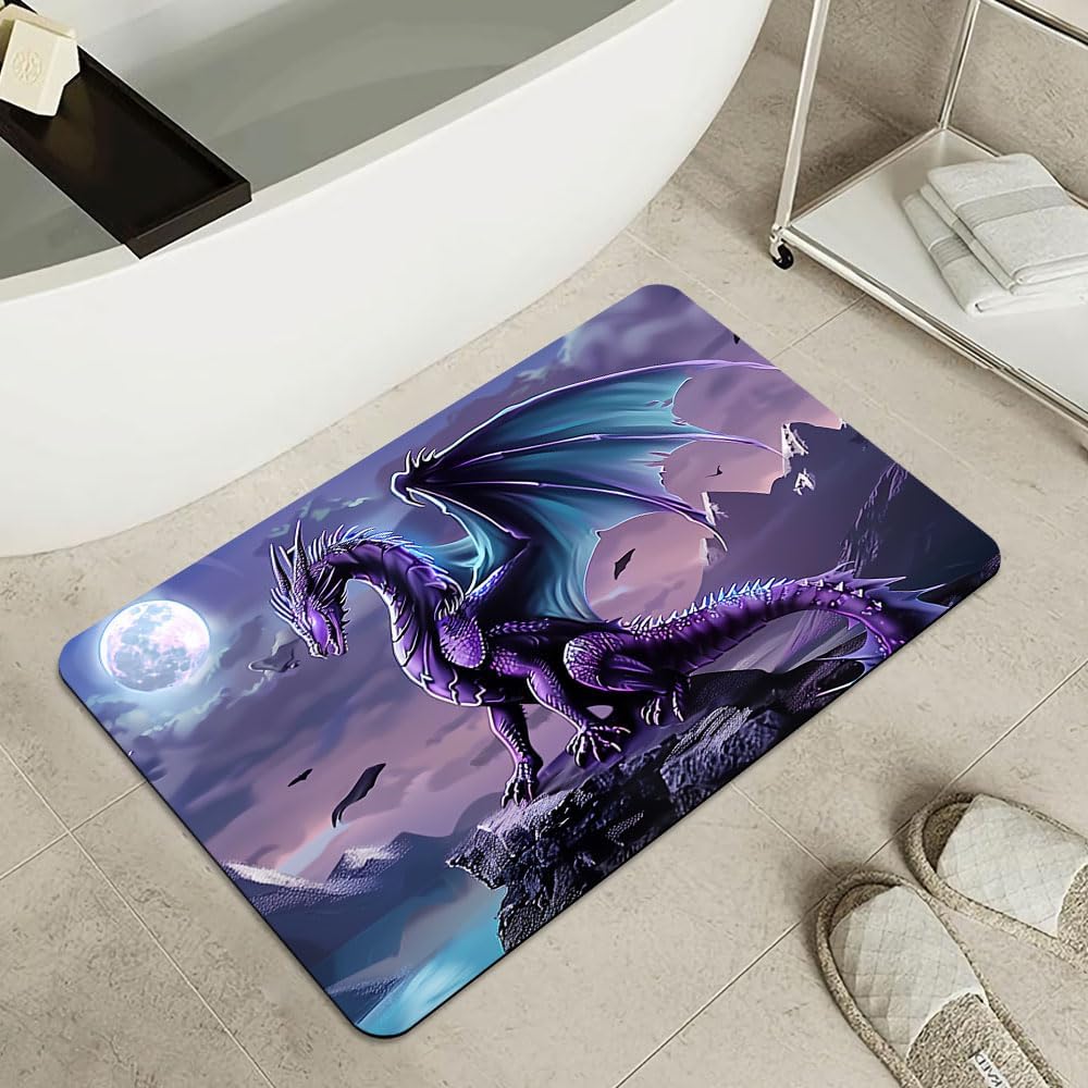 Bath Mat-Bathroom Rug，Purple Dragon with Blue Wings-Absorbent Non Slip Quick Dry Stain Resistant Easy to Clean Care Shower Rug for Bathtub Shower Room 16×24Inch (40 * 60cm)