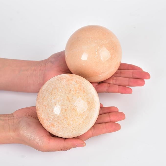 JIC Gem Natural Sunstone Sphere Ball with Wooden Stand for Fengshui Rare Healing Crystal Ball Decoation Meditation Energy Reiki Ball (90-100mm)
