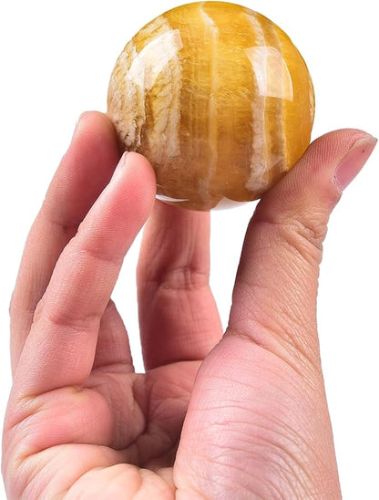 JIC Gem Natural Yellow Fluorite Crystal Sphere Crystal Decorative Ball with Wooden Stand Meditation Balls for Witchcraft Reiki Gift 50-60mm