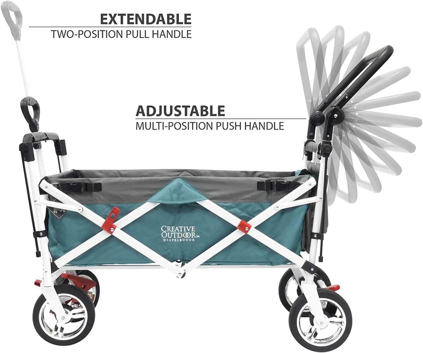 Creative Outdoor Wagon, Push and Pull Double Stroller for Toddlers & Kids with Removable Canopy and Seat Belt Harnesses, Collapsible Folding Garden Cart, Adjustable Handle, Beach Wagon (Teal)