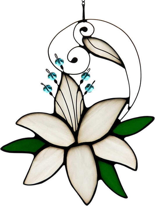 Women Birthday White Lily Flower Gift for Her, Floral Gift Stained Glass Window Hangings Suncatcher