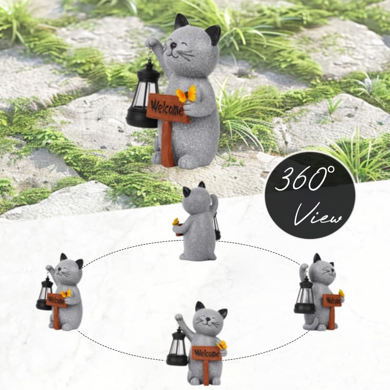 Cat Garden Statues with Solar Lantern, Outdoor Figurine Resin Sculpture Hanging Solar Power Lights for Decoration Yard Patio Balcony Lawn Ornament Art Decor, Unique Gift for Grandma Wowen Mom