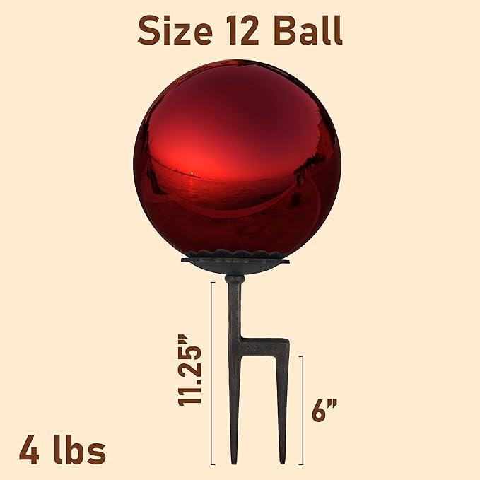 Lulu Decor, Red Stainless Steel Gazing Mirror Ball Size 12 with Screw Stand (for Windy Area)