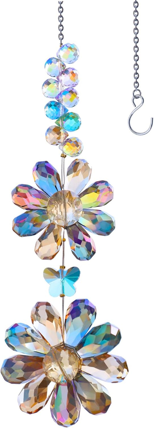 Crystal Flower Suncatcher Hanging Ornament, Rainbow Maker Window Sun Catcher Indoor Outdoor Patio