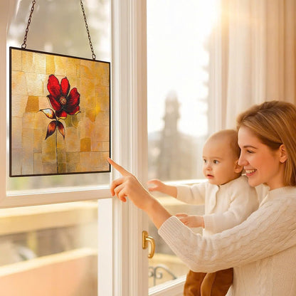 Personalized Rectangle Red Flower Stained Glass Window Hangings Stained Glass Suncatcher Birthday Gift for Mom Grandma Teacher Women Friend Memorial Hook