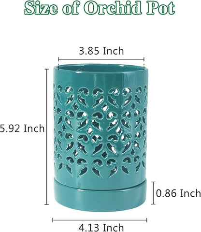 Ceramic Orchid Pot 4 Inch, Orchid Pots with Holes, Plant Pot for Repotting, Flower Planter Pot Indoor Outdoor, Breathable Slotted Orchids Planter Green